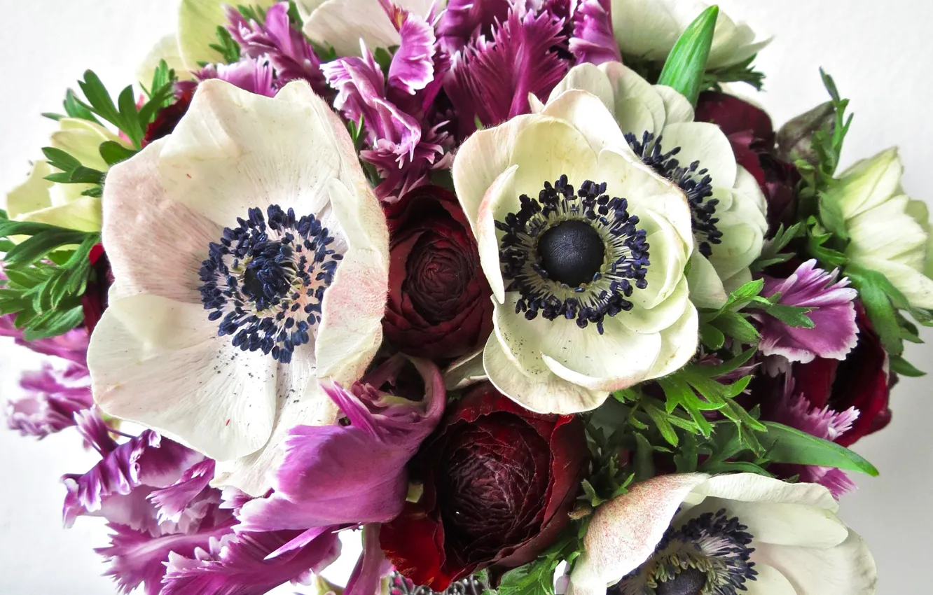 Фото обои букет, ирисы, анемоны, Bouquets