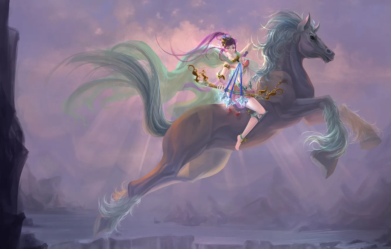 Фото обои девушка, лошадь, эльф, эльфийка