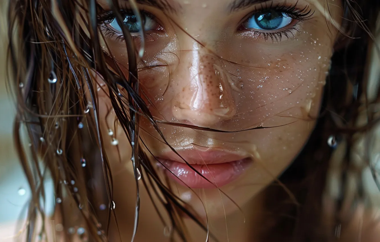 Фото обои взгляд, вода, девушка, капли, крупный план, лицо, поза, ресницы