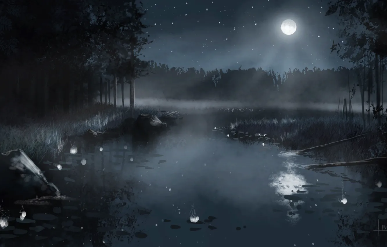 Фото обои лес, небо, звезды, деревья, пейзаж, ночь, природа, туман