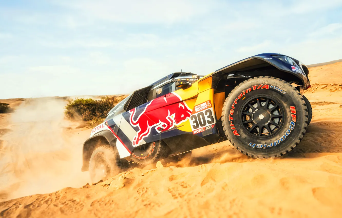 Фото обои Песок, Авто, Машина, Peugeot, Фары, Red Bull, Rally, Dakar