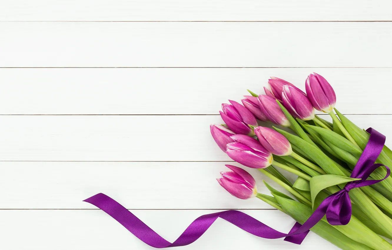 Фото обои цветы, букет, лента, тюльпаны, flowers, tulips, purple