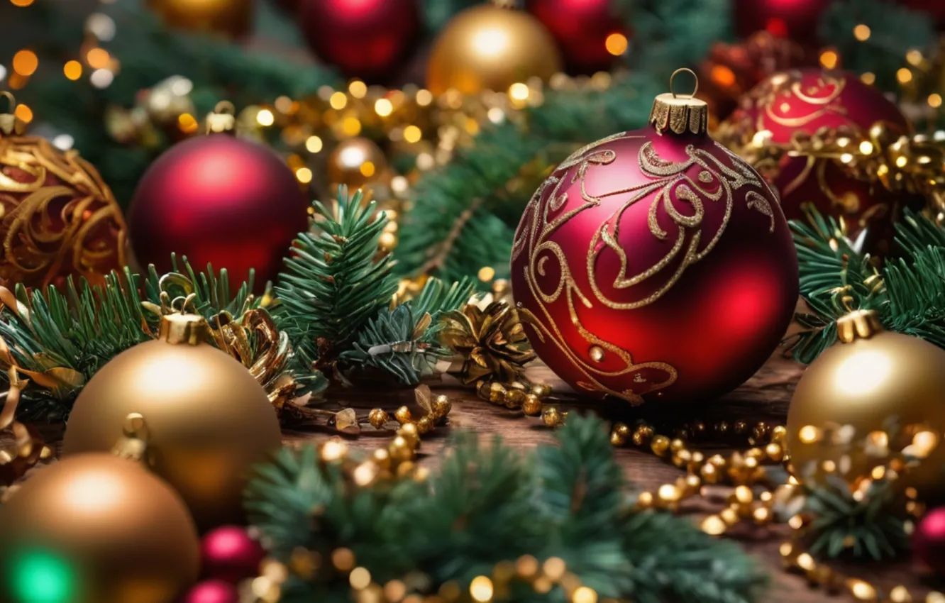 Фото обои украшения, шары, Новый Год, Рождество, golden, new year, Christmas, balls