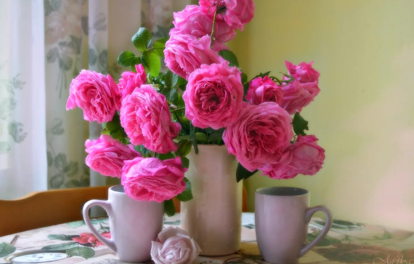 Фото обои Чашки, Vase, Pink roses, Розовые розы