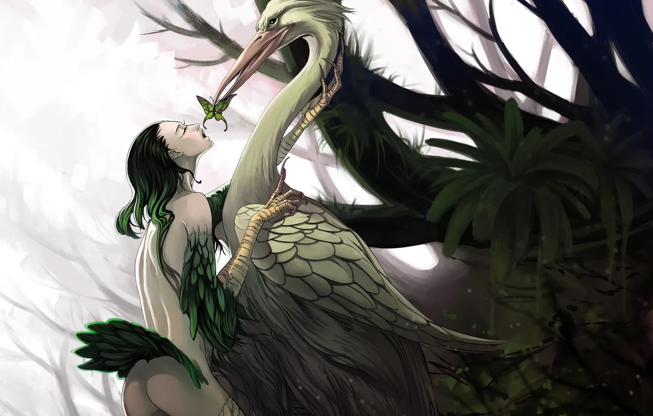 Фото обои лес, девушка, птица, бабочка, перья, фэнтези, арт, когти