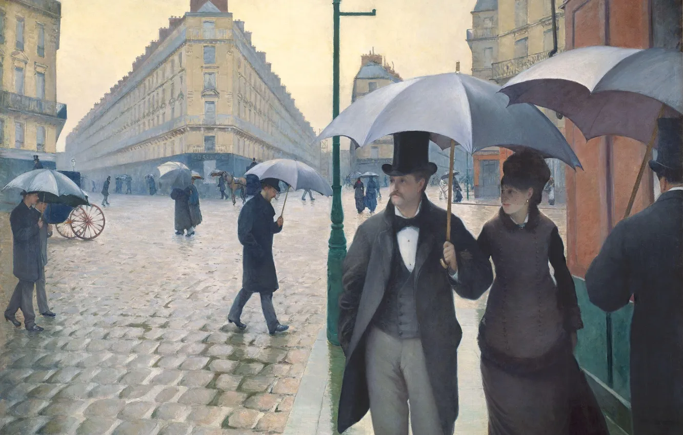 Фото обои люди, улица, здания, картина, зонты, Gustave Caillebotte, Парижская улица в дождливую погоду