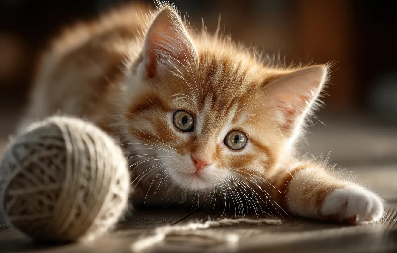 Фото обои кошка, взгляд, клубок, поза, котенок, игра, рыжий, нитки