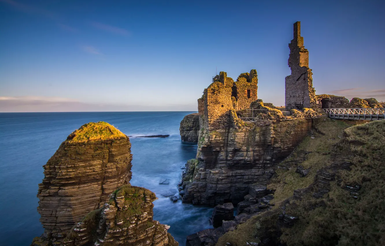 Фото обои море, скалы, Шотландия, руины, Замок Синклер-Гирнигоу