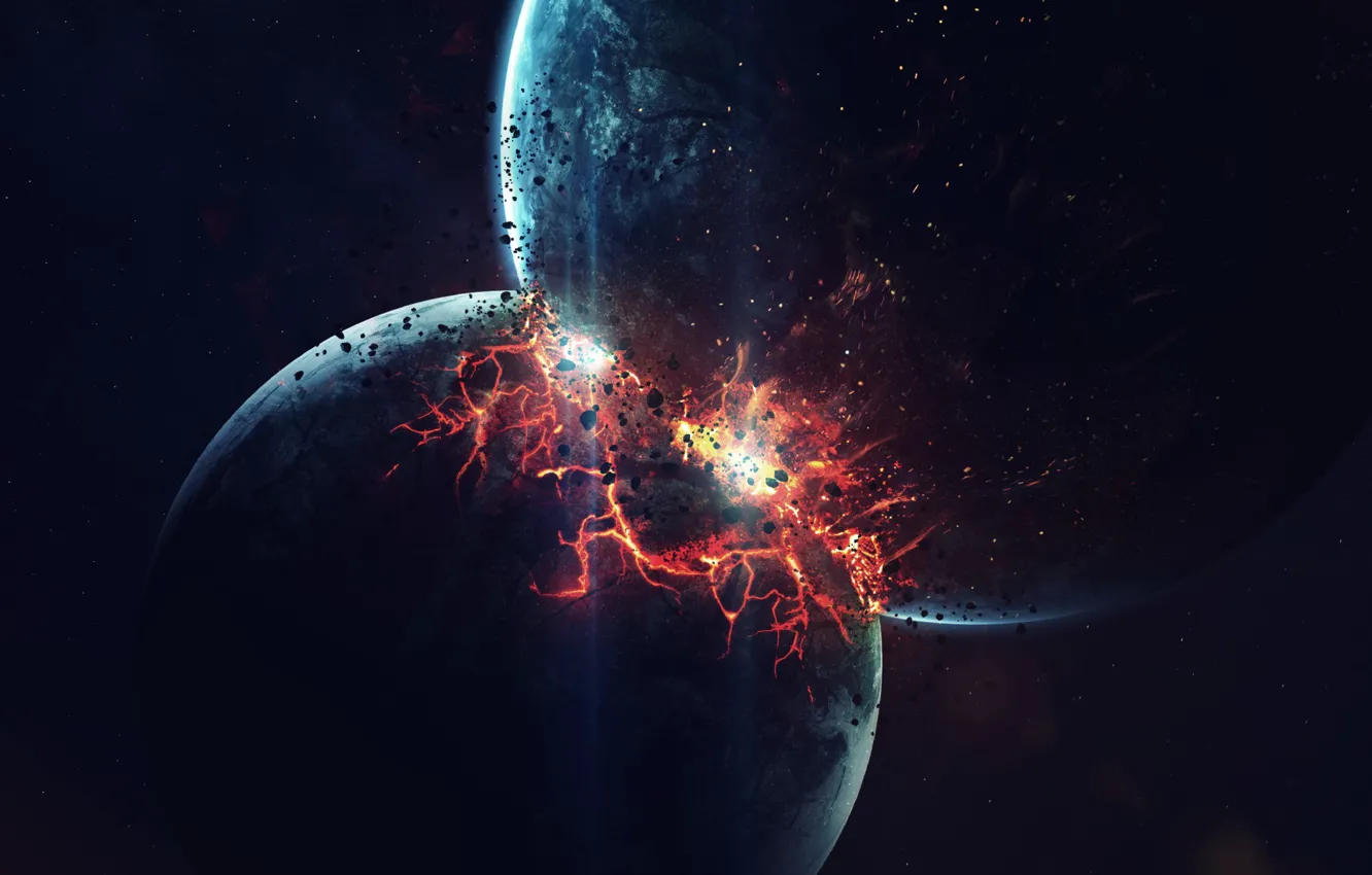 Фото обои Планета, Космос, Взрыв, Планеты, Апокалипсис, Осколки, explosion, Арт