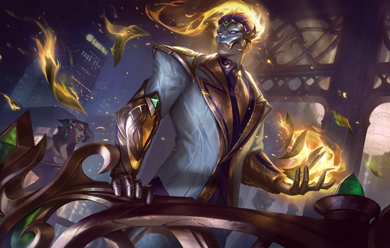 Фото обои город, магия, игра, маска, game, character, персонаж, League of Legends