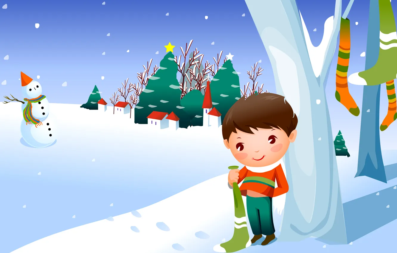Фото обои зима, снег, мальчик, снеговик, посёлок, ёлки, детские обои