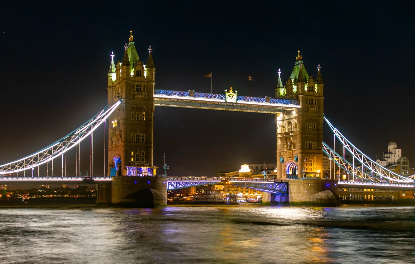 Фото обои ночь, город, Лондон, Тауэрский мост