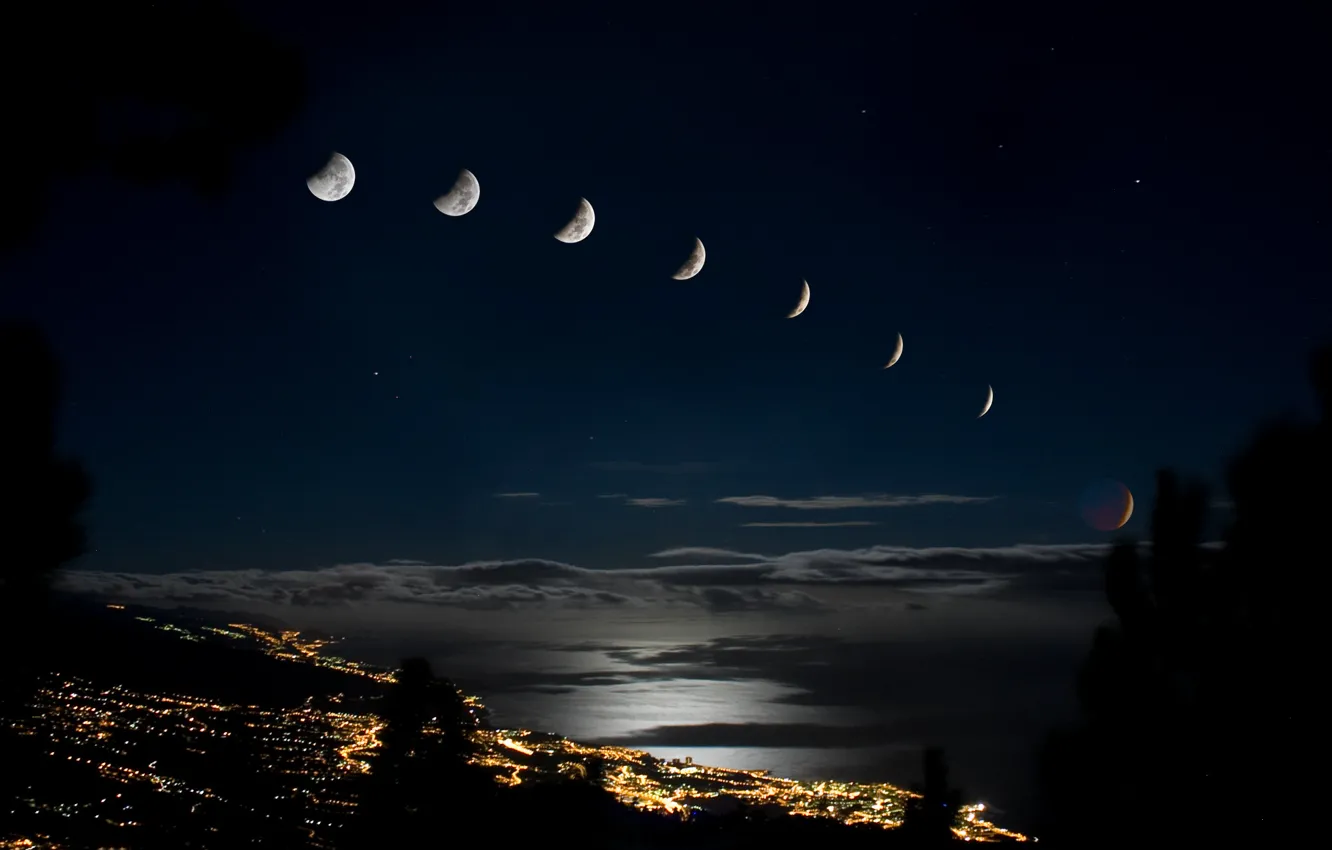 Фото обои город, огни, Луна, затмение