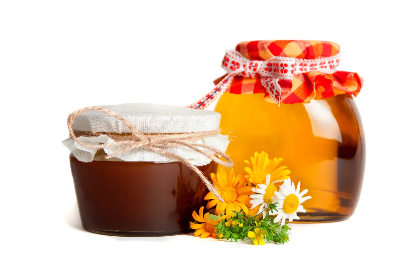 Фото обои цветы, ромашки, мед, баночки, банки, полевые, сладкое