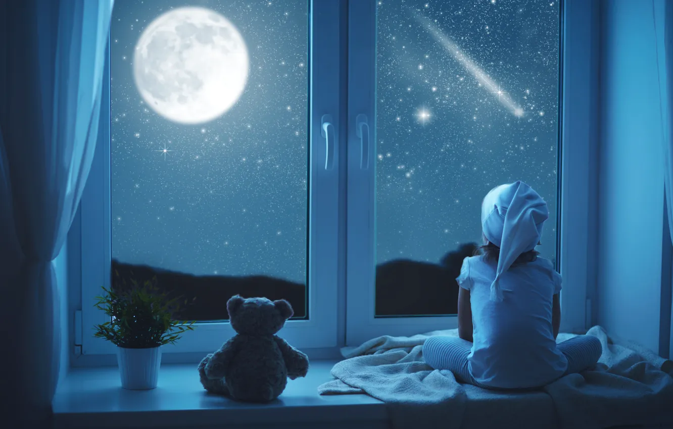 Фото обои ночь, луна, ребенок, окно, мишка, девочка, сидит