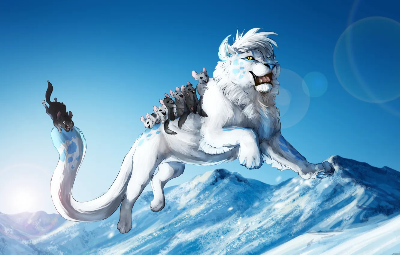 Фото обои холод, зима, животные, снег, игры, прыжок, арт, белый лев