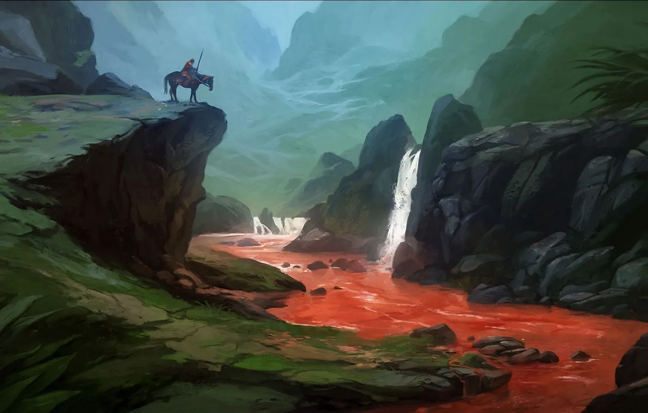 Фото обои горы, река, камни, обрыв, лошадь, водопад, арт, всадник