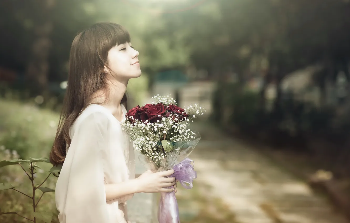 Фото обои девушка, цветы, настроение
