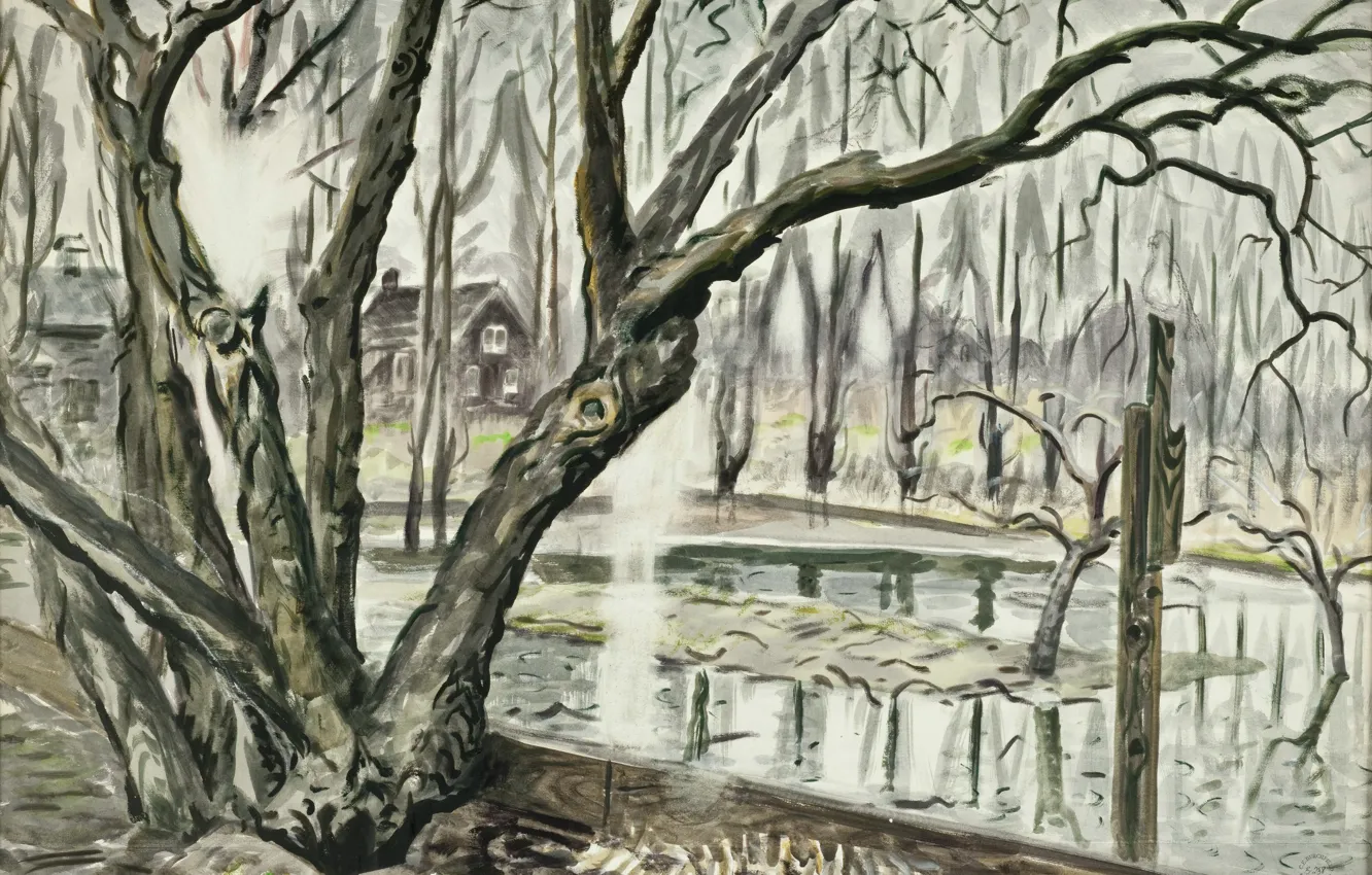 Фото обои 1947, Charles Ephraim Burchfield, Spring Landscape With Trees and Pond