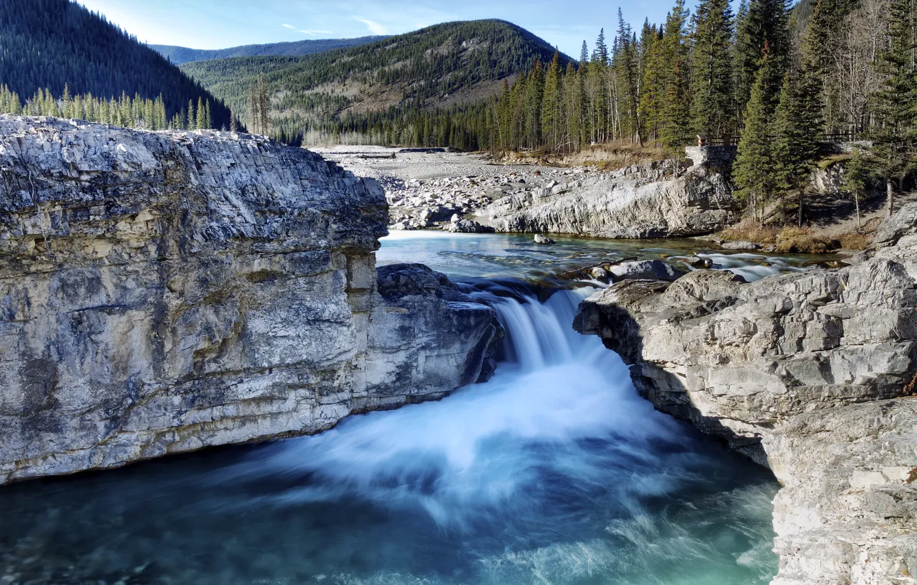 Фото обои деревья, горы, камни, скалы, водопад, поток, Канада, Альберта