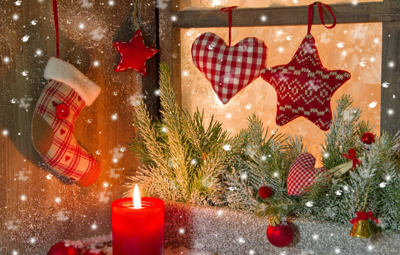 Фото обои фон, праздник, рождество, свеча, ель, Новый год, украшение