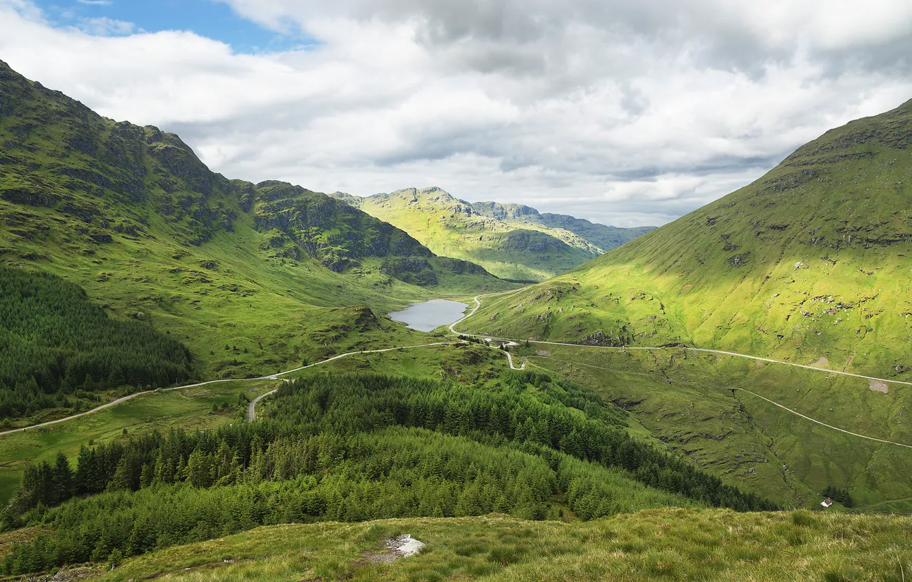 Фото обои лес, горы, озеро, дороги, Шотландия