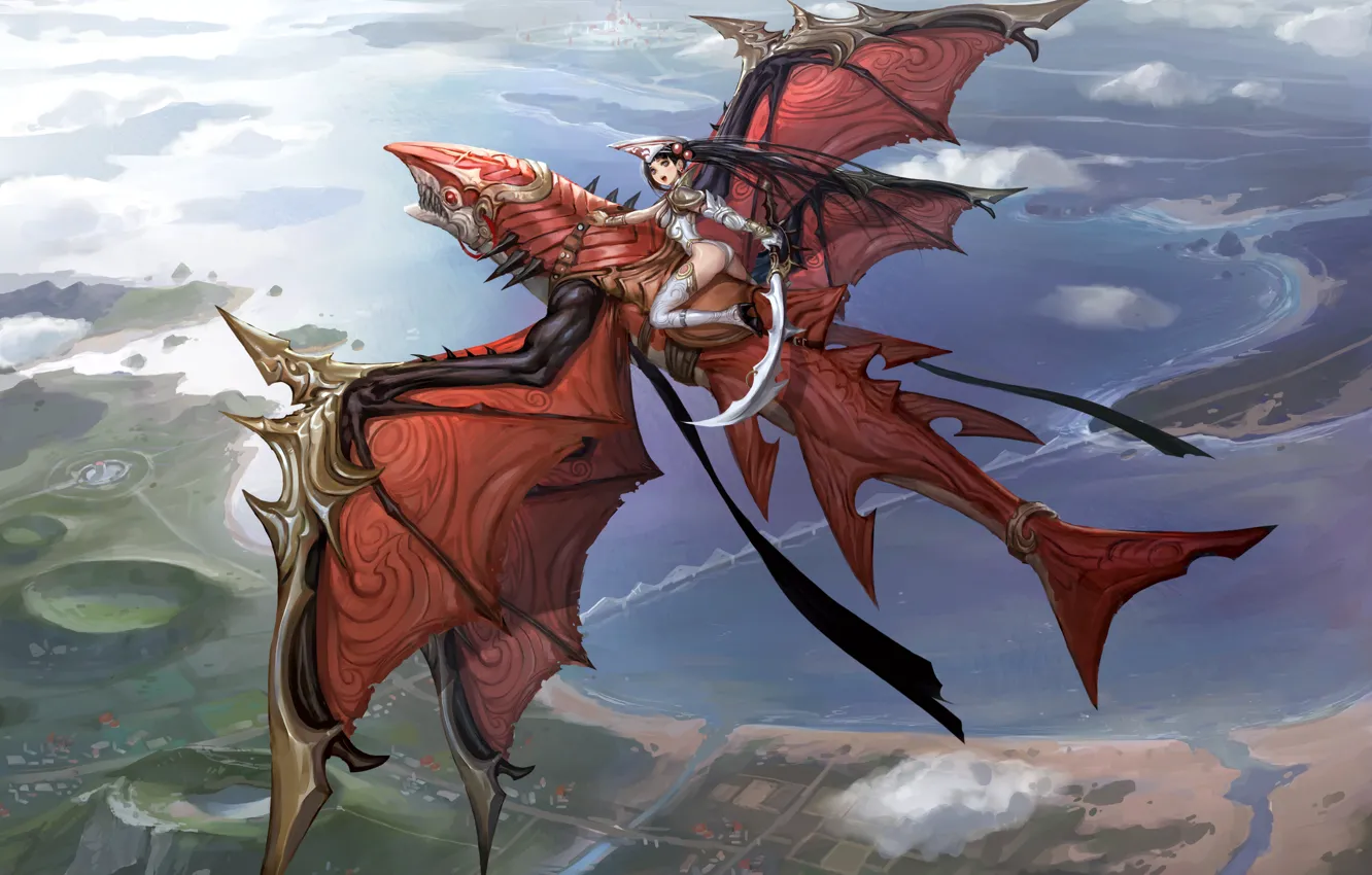 Фото обои девушка, полет, дракон, высота, меч, аниме, арт