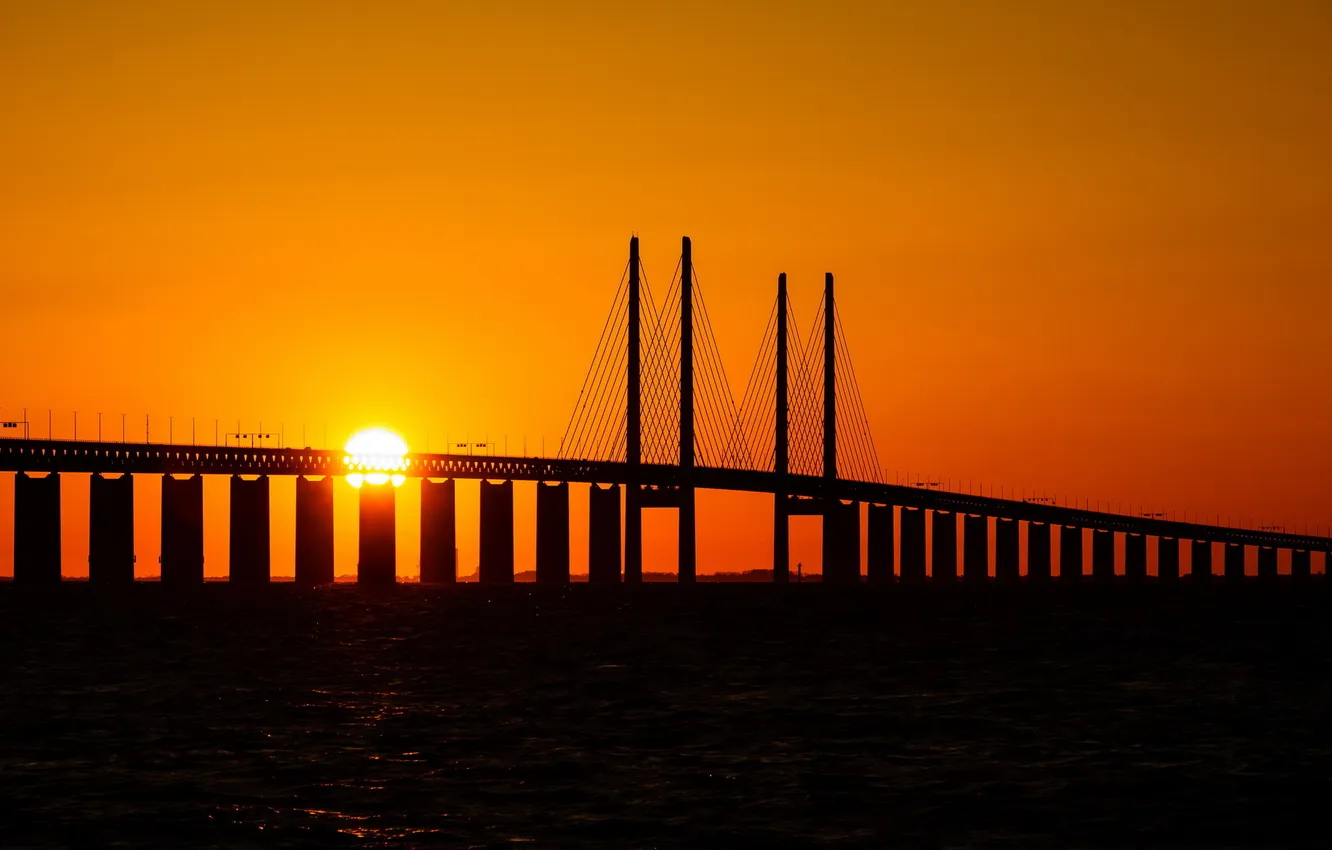 Фото обои закат, мост, Sweden, Bunkeflostrand, Skane, Burning bridge