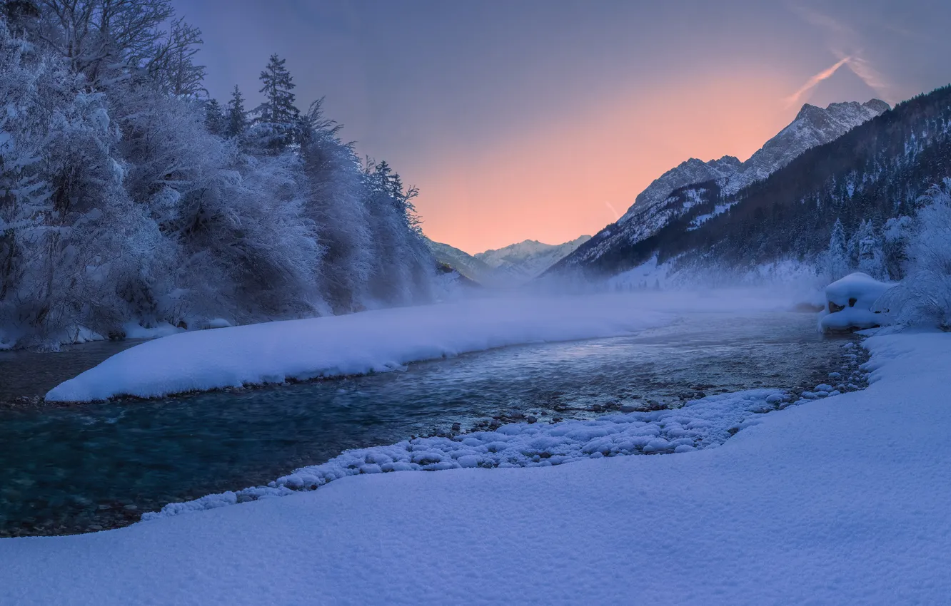 Фото обои зима, лес, снег, деревья, горы, река, Австрия, Альпы