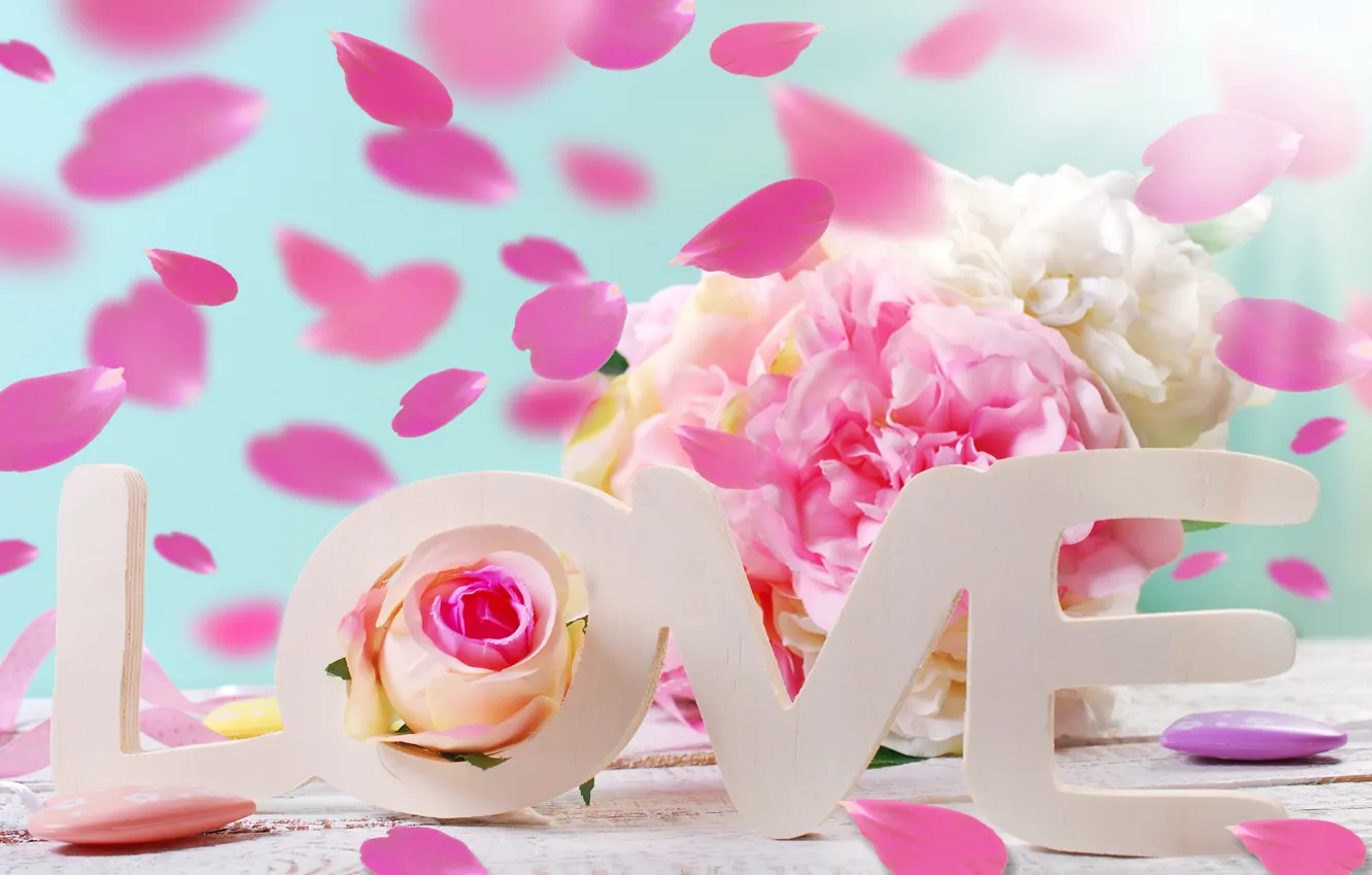 Фото обои розы, сердечки, love, heart, pink, flowers, romantic, petals