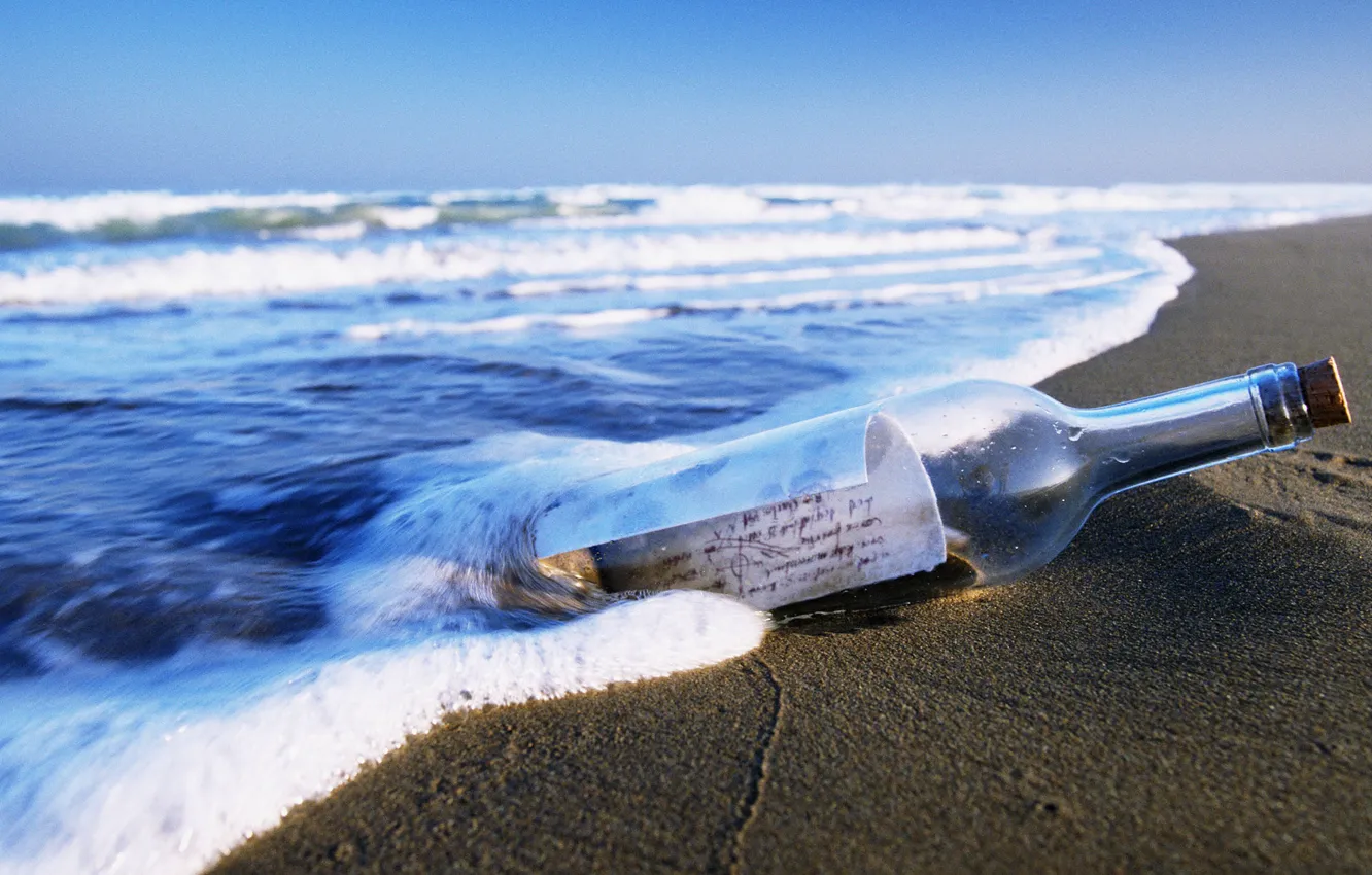 Фото обои море, бутылка, послание
