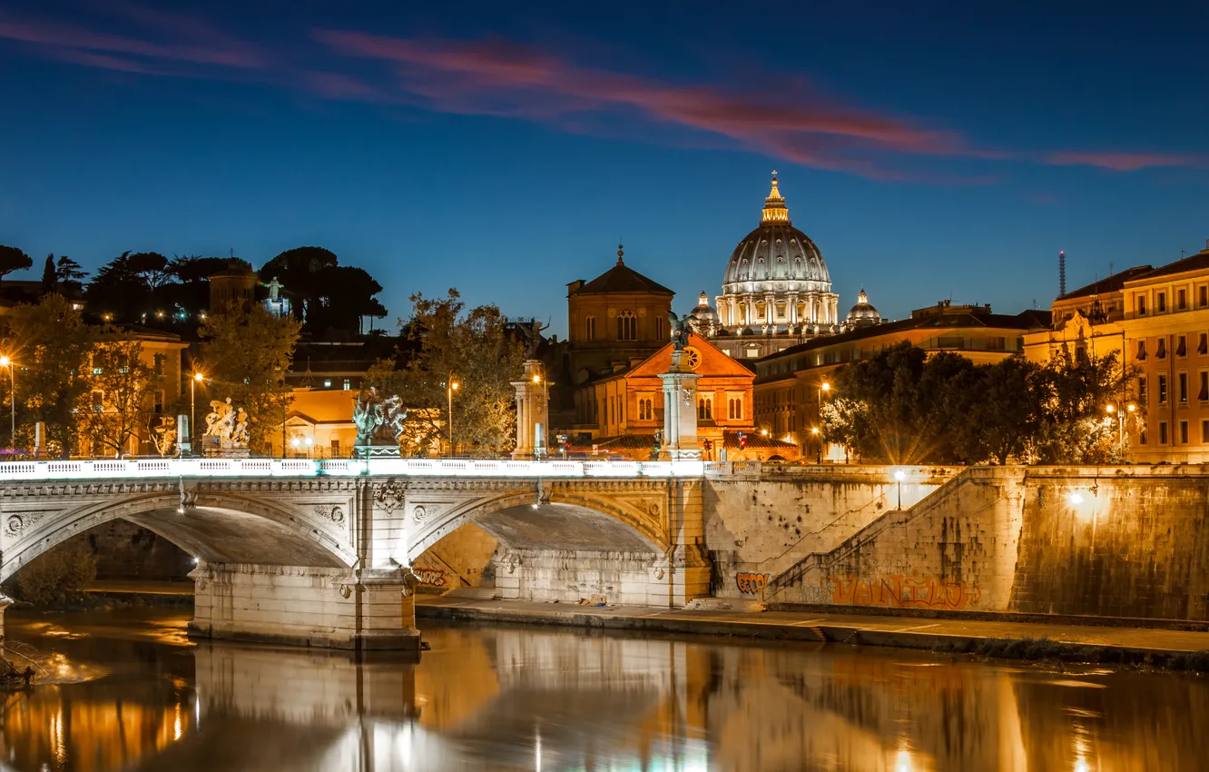 Фото обои ночь, мост, lights, река, фонари, Италия, Italy, Rome