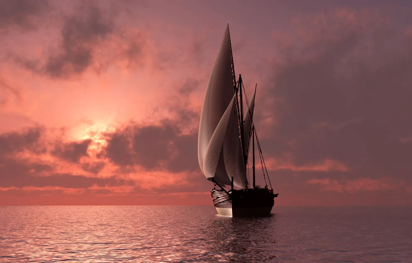 Фото обои море, небо, закат, лодка, вечер, горизонт, паруса, морской пейзаж