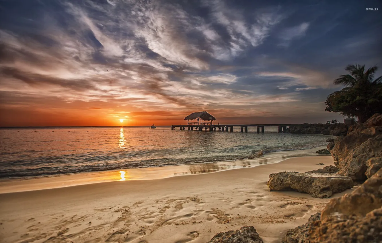 Фото обои пляж, закат, океан, вечер, причал, Карибы, Сaribbean beach, amazing sunset