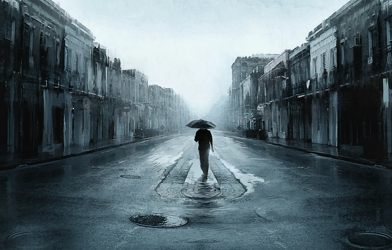 Фото обои дорога, город, дождь, один, человек, зонт, арт