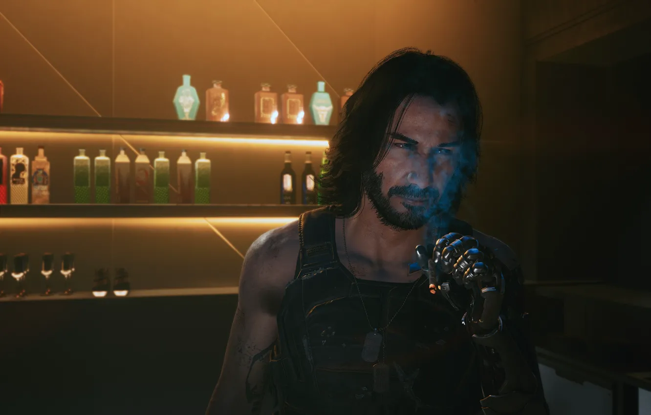 Фото обои Бар, Киану Ривз, Smoke, Keanu Reeves, Smoking, Cyberpunk 2077, Сигарета, Киберпанк
