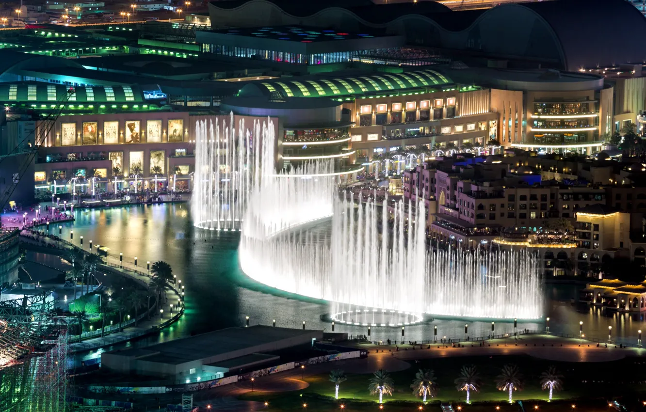 Фото обои ночь, здания, фонтан, Дубай, ОАЭ