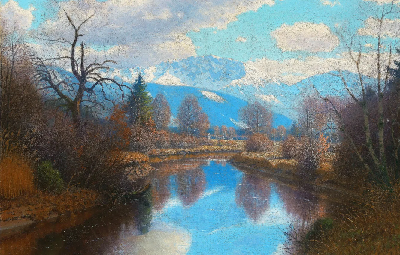 Фото обои Облака, Горы, Осень, Деревья, Река, Картина, Фриц Мюллер-Ландек, Немецкий живописец