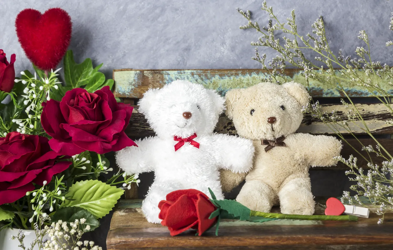Фото обои любовь, цветы, подарок, игрушка, сердце, розы, мишка, red