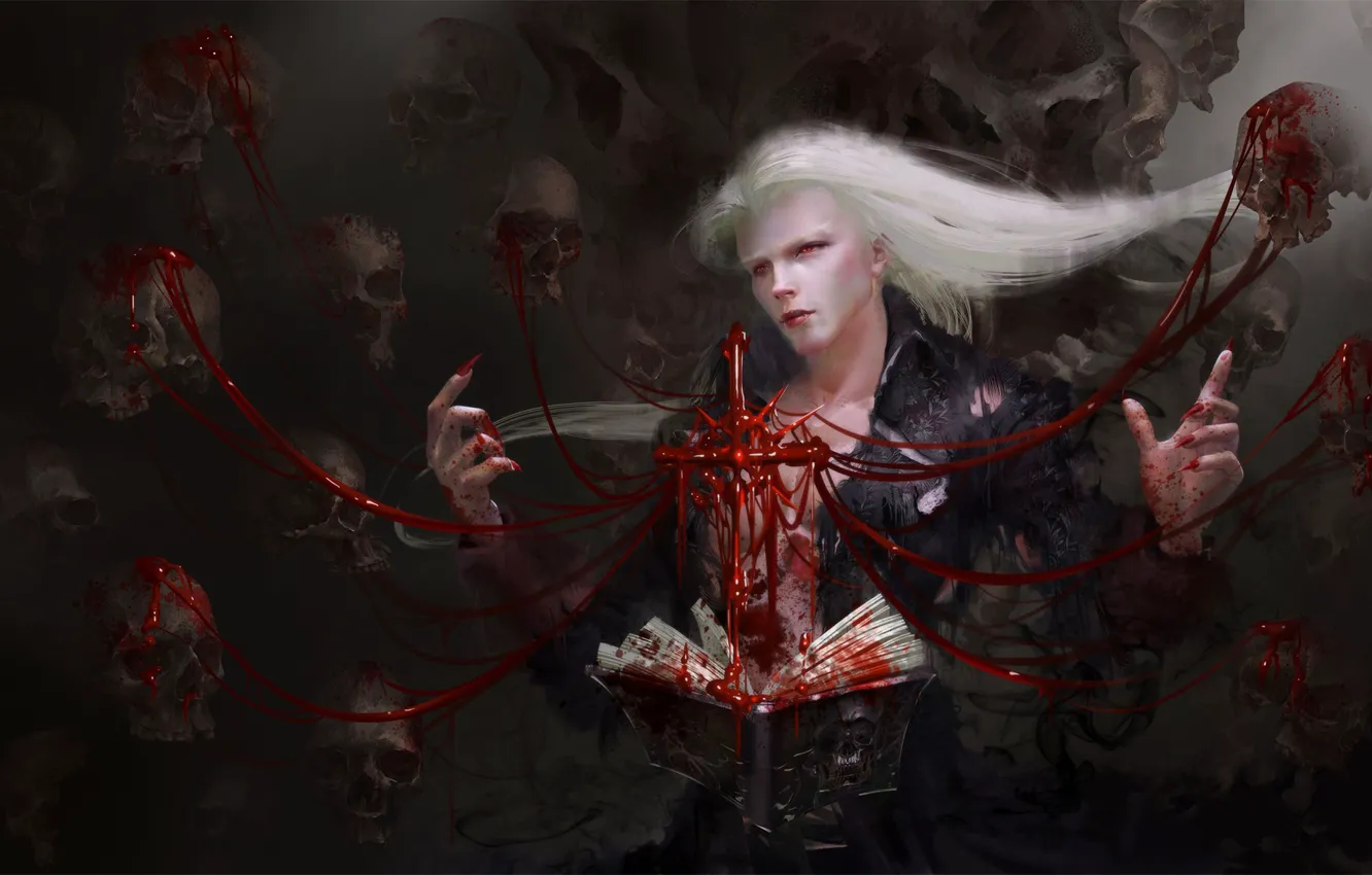 Фото обои кровь, вампир, черепа, заклинание, красные глаза, art, vampire, чернокнижник