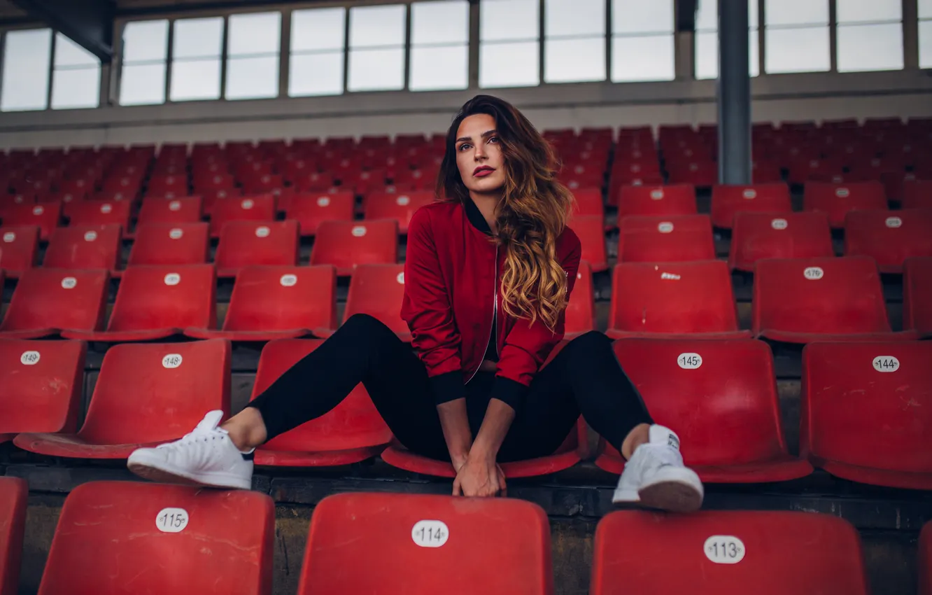 Фото обои stadium, women, brunette, sitting, jacket, sneakers, red jackets, no socks