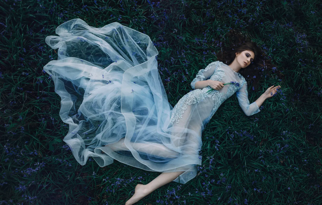 Фото обои девушка, цветы, настроение, сон, ситуация, платье, колокольчики, спящая красавица