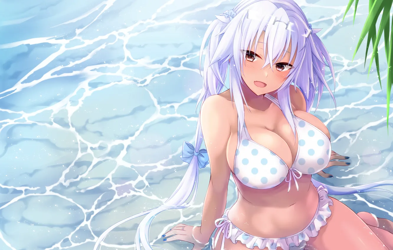 Фото обои girl, sexy, cleavage, long hair, sea, brown eyes, boobs, anime
