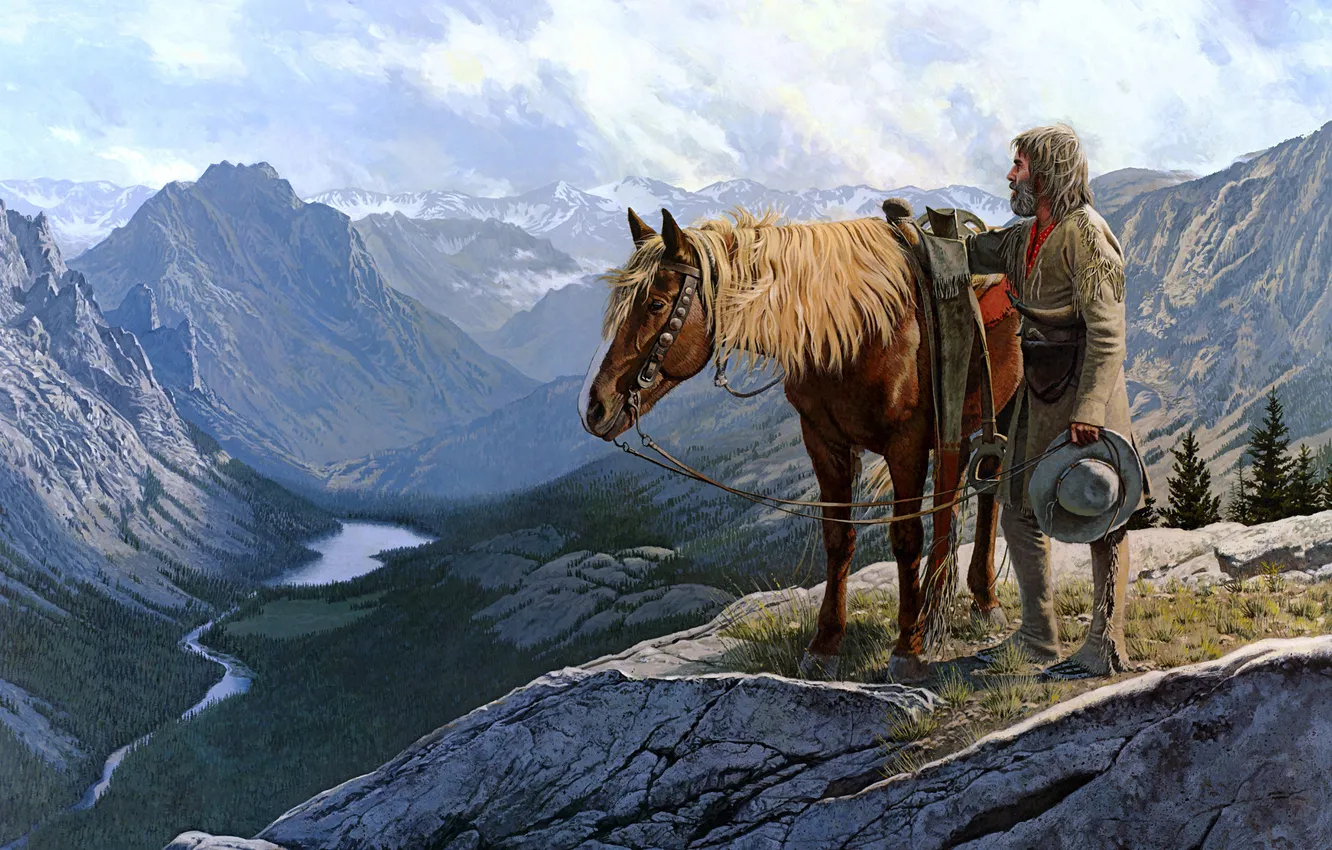 Фото обои горы, лошадь, мужик, Ковбой, дикий запад