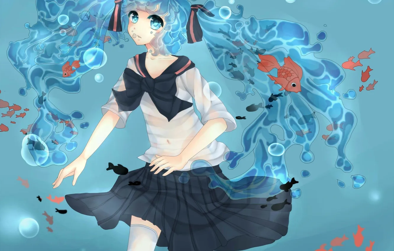 Фото обои девушка, рыбки, пузыри, арт, форма, школьница, vocaloid, под водой