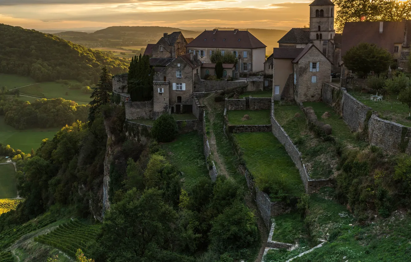 Фото обои поле, лес, небо, солнце, облака, деревья, горы, Франция