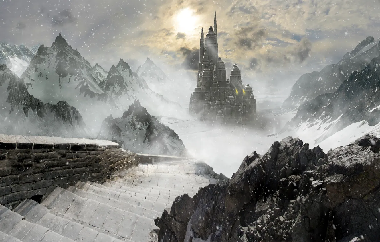 Фото обои снег, горы, замок, скалы, лёд, фэнтези, лестница, ступеньки