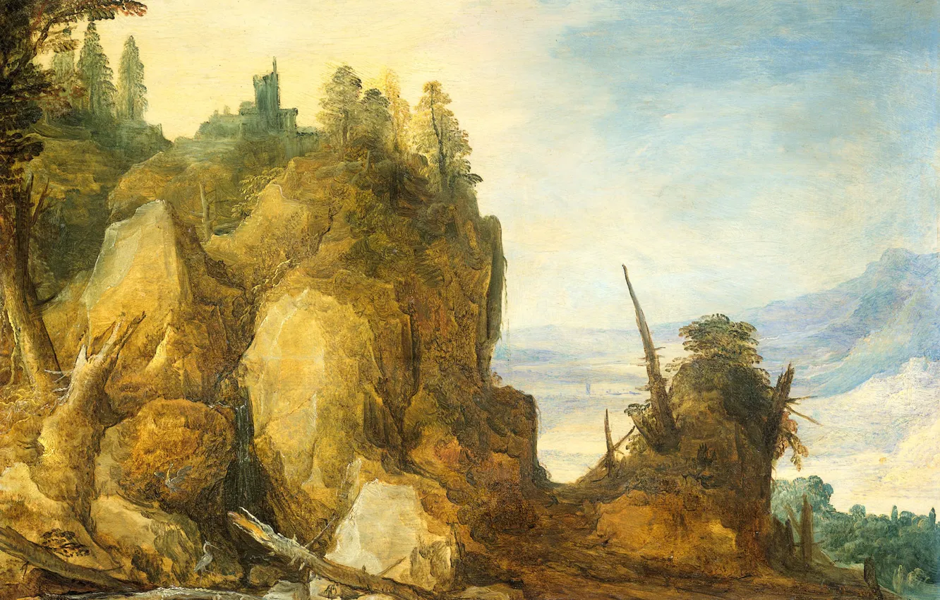 Фото обои пейзаж, дерево, масло, картина, Йоос де Момпер, Вид на Горы