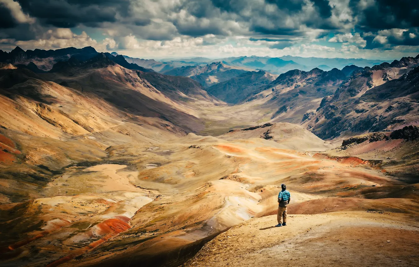 Фото обои солнце, облака, горы, человек, вид, ущелье, Перу