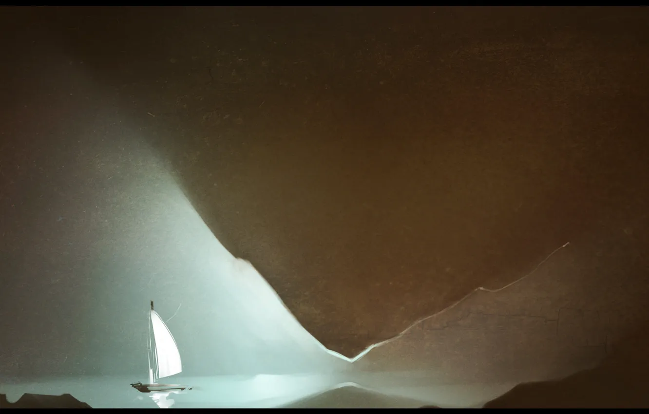 Фото обои озеро, лодка, парус, пещера